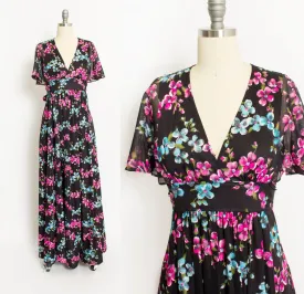 1970s Dress Floral Black Knit Sheer Boho Maxi Small