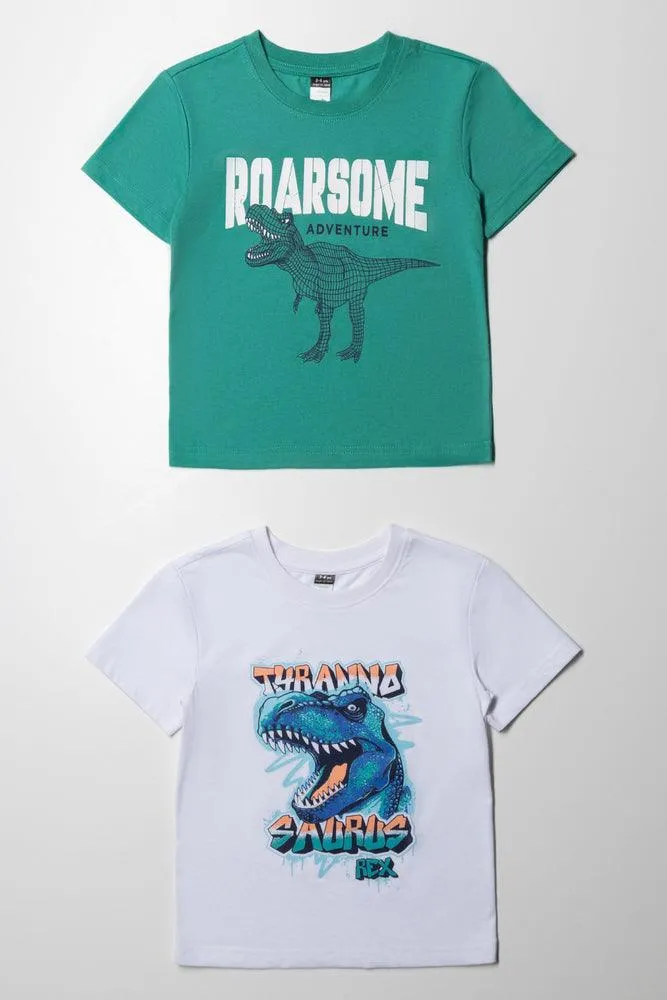 2 Pack Dinosaur Short Sleeve T-Shirts Aqua & White