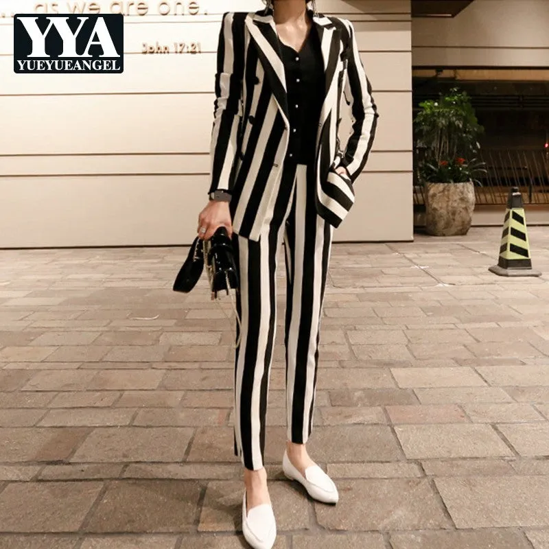 2019 New Winter Womens Striped Double Breasted Blazer Jacket Slim Fit Pencil Pants 2 Pieces Suits Sets Business OL Sets Female