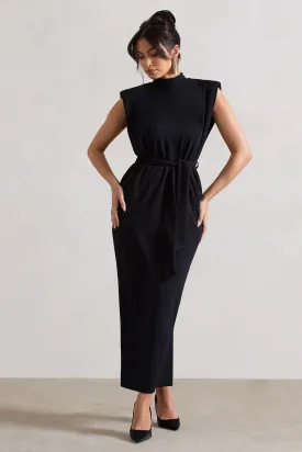 Abbie | Black High-Neck Maxi Dress With Tie Waist