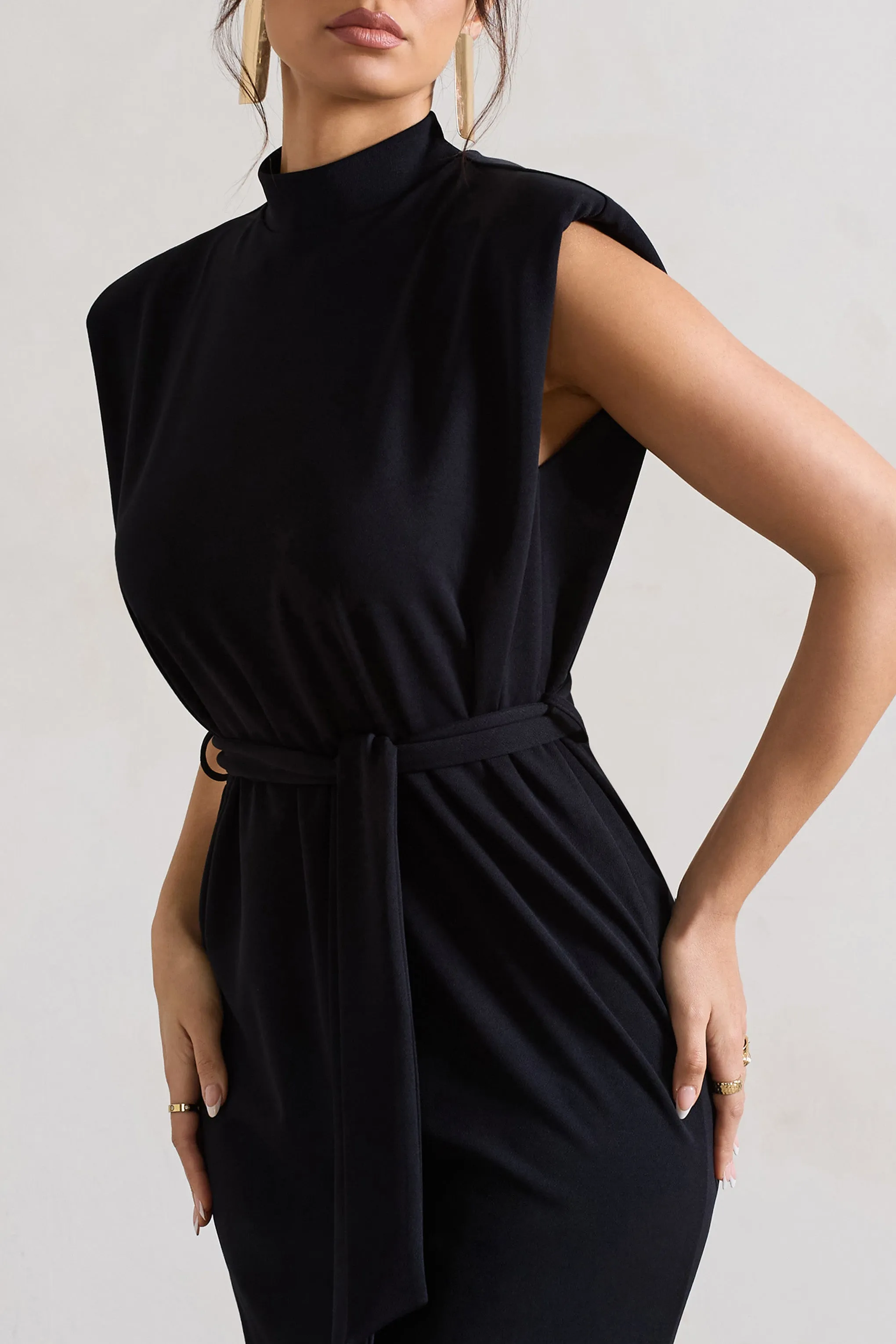 Abbie | Black High-Neck Maxi Dress With Tie Waist