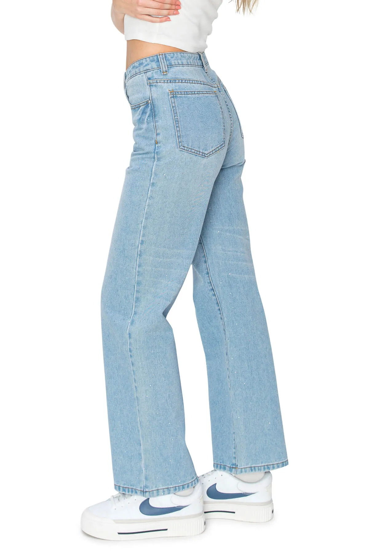 All Over Rhinestone High Rise Straight Jeans - Medium Wash