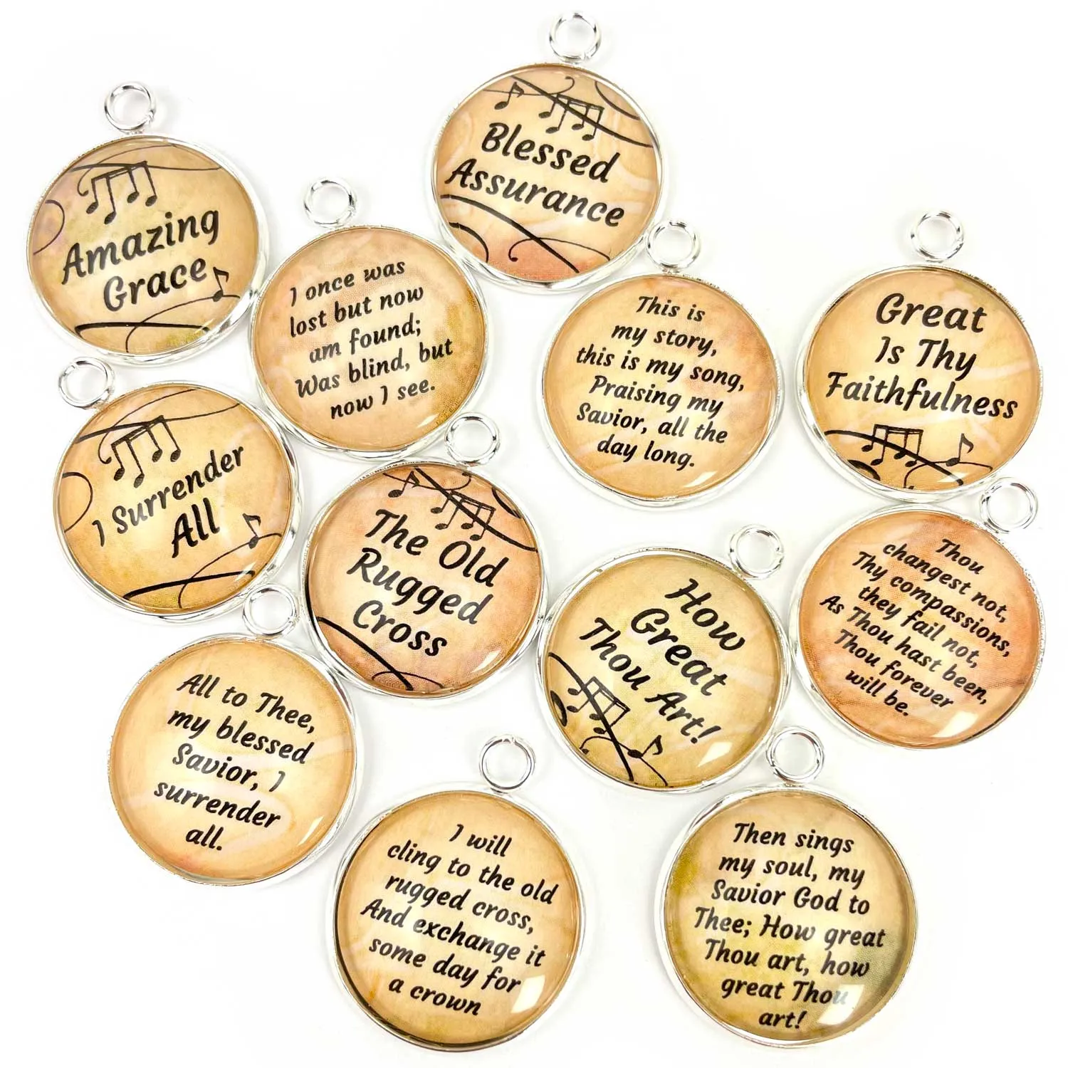 Amazing Grace! Blessed Assurance! Set of 12 Hymn Charms for Jewelry Making – 16 or 20mm, Silver, Gold – Bulk Christian Jewelry Charms