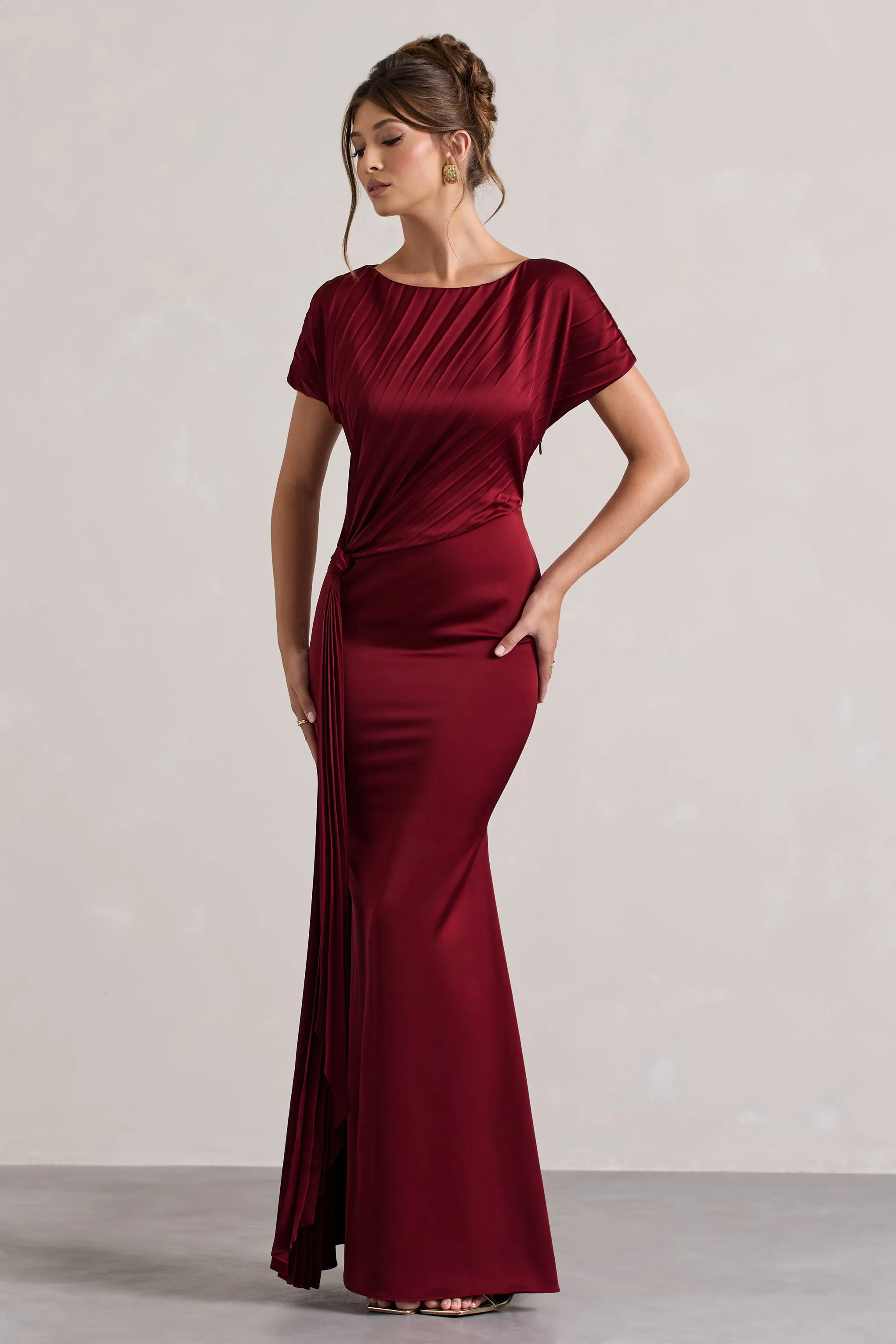 Ambrosia | Berry Satin Pleated Maxi Dress With Drape