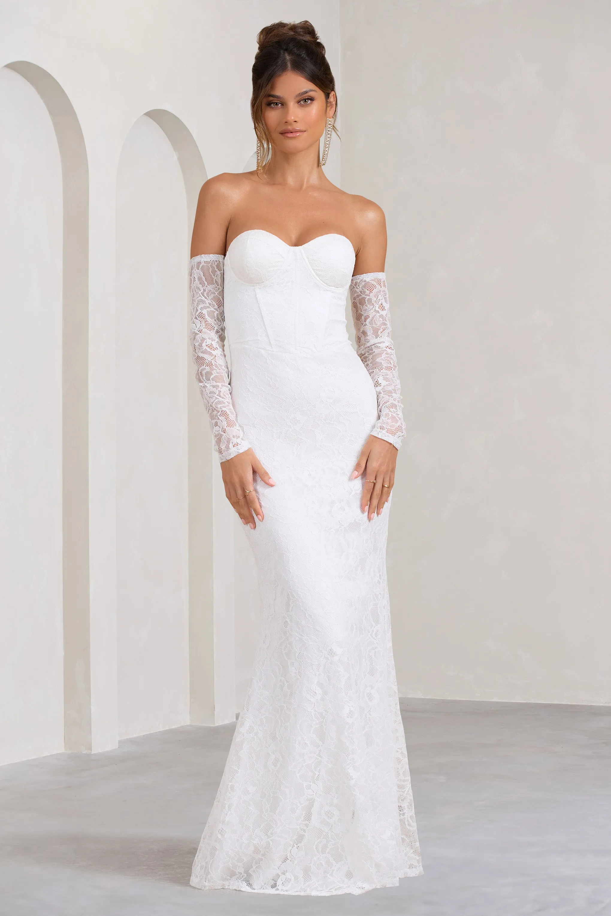 Aniyah | White Lace Bandeau Neckline Corset Fishtail Maxi Dress With Sheer Sleeves