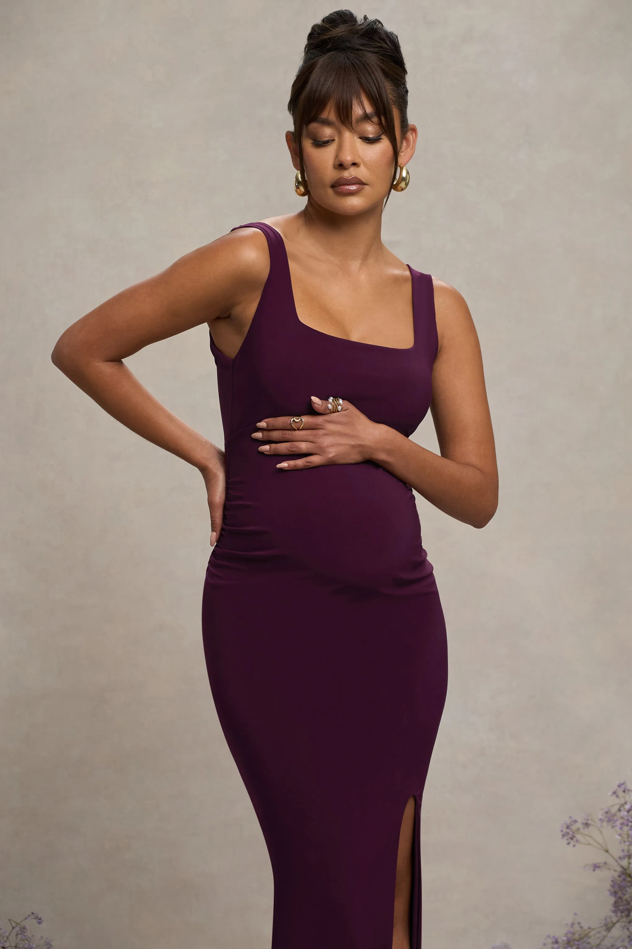 Avril | Plum Square Neck Maternity Maxi Dress with Split