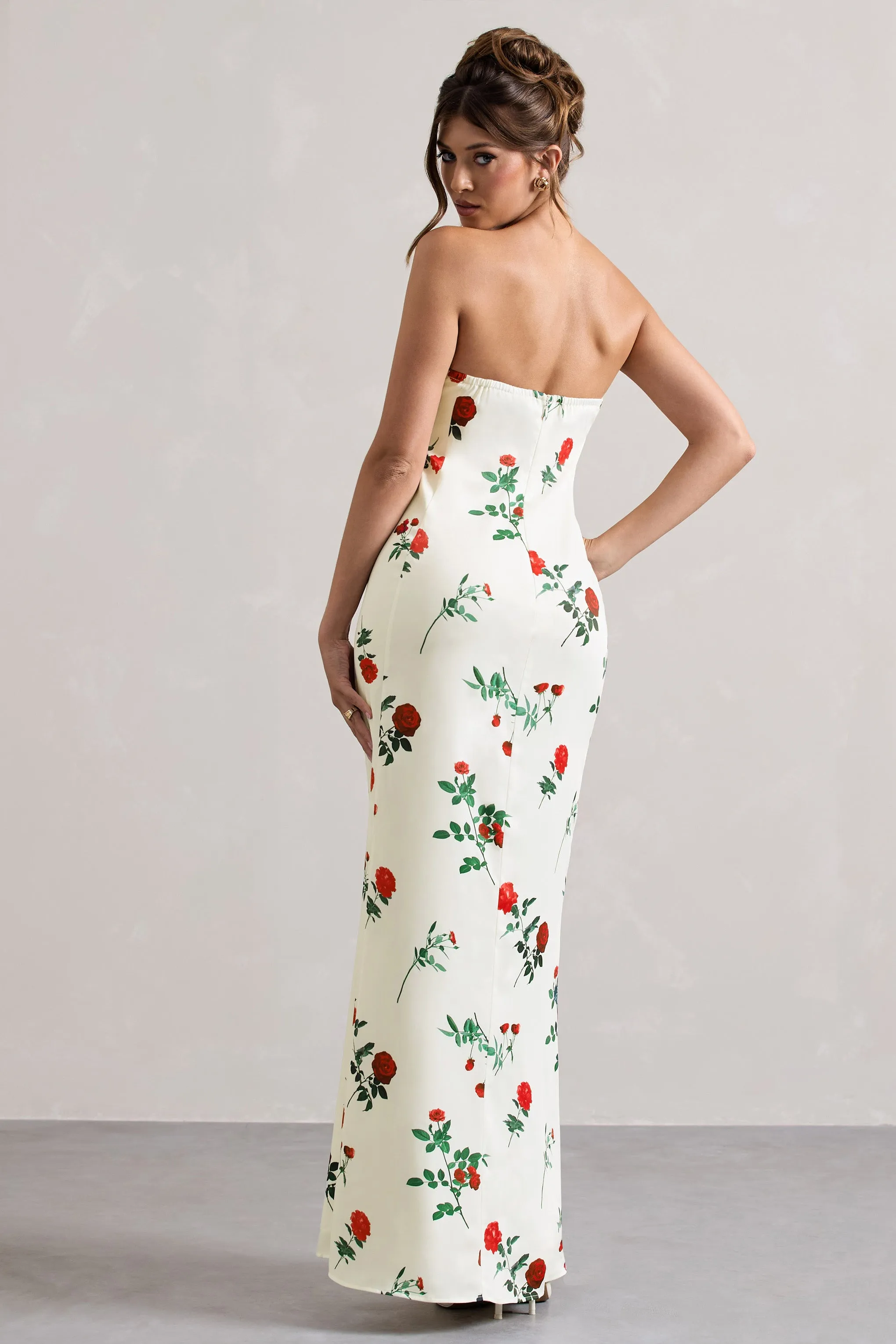 Azra | Rose Print Satin Bandeau Maxi Dress