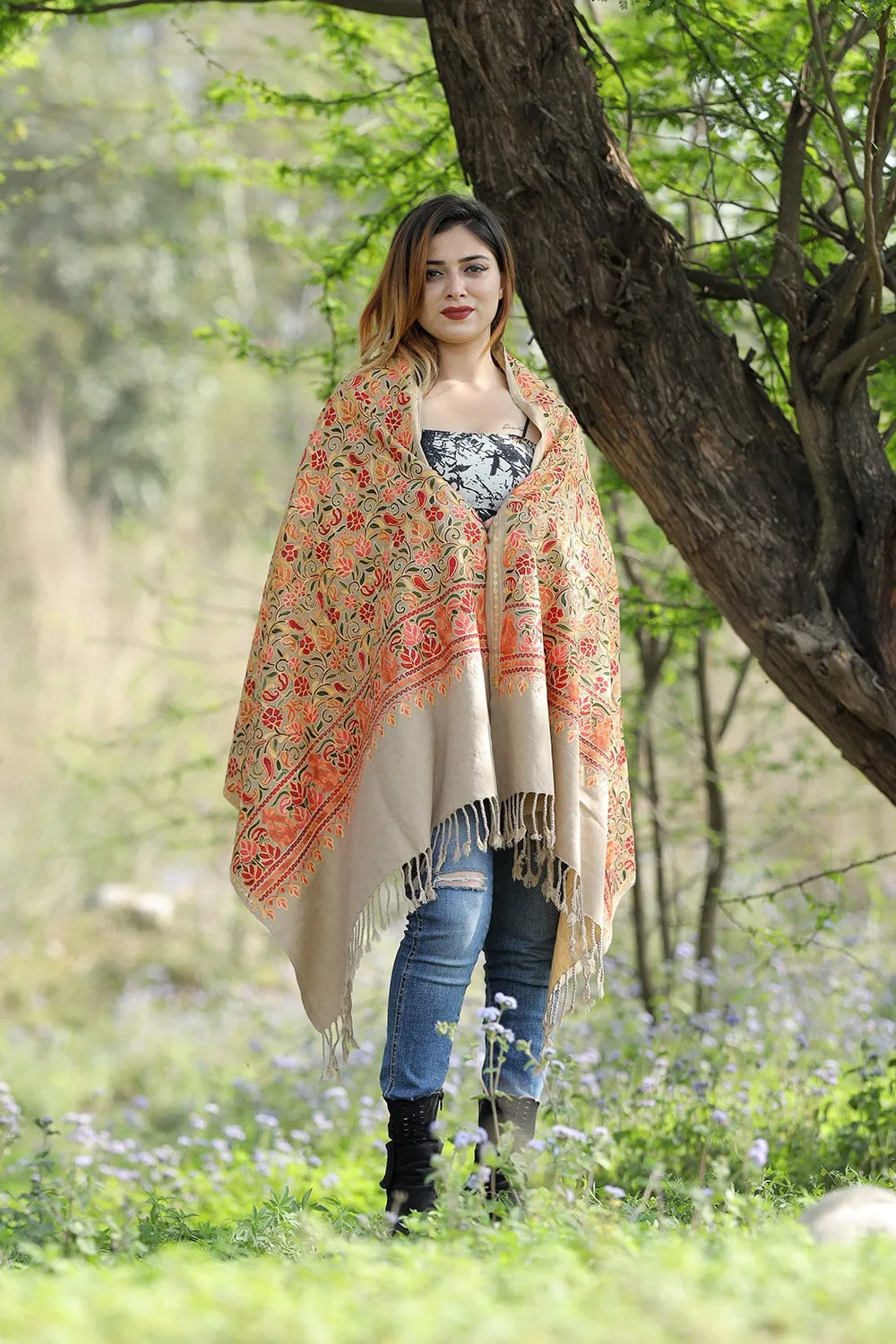 BEAUTIFUL MULTICOLORED STEADY BEIGE Black Colour Stole With Graceful Dense Jaal Pattern Of Kashmiri Embroidery Makes It An Ideal Wear.