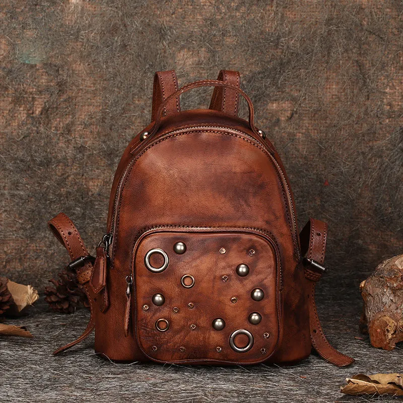 Best Vintage Rivet Red Leather Rucksack Womens Small School Backpacks Leather Backpack Purse