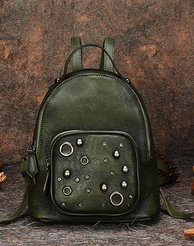 Best Vintage Rivet Red Leather Rucksack Womens Small School Backpacks Leather Backpack Purse