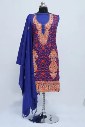 Blue Color Kashmiri Woolen Aari Work Embroidered Unstitched Suit Fabric With Stole