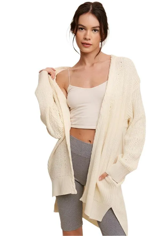 Cable Knit Open Front Long Cardigan