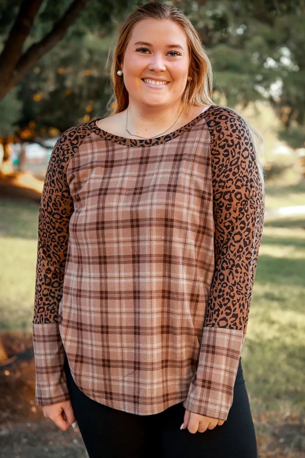 Chestnut Plus Size Leopard Raglan Sleeve Plaid Top