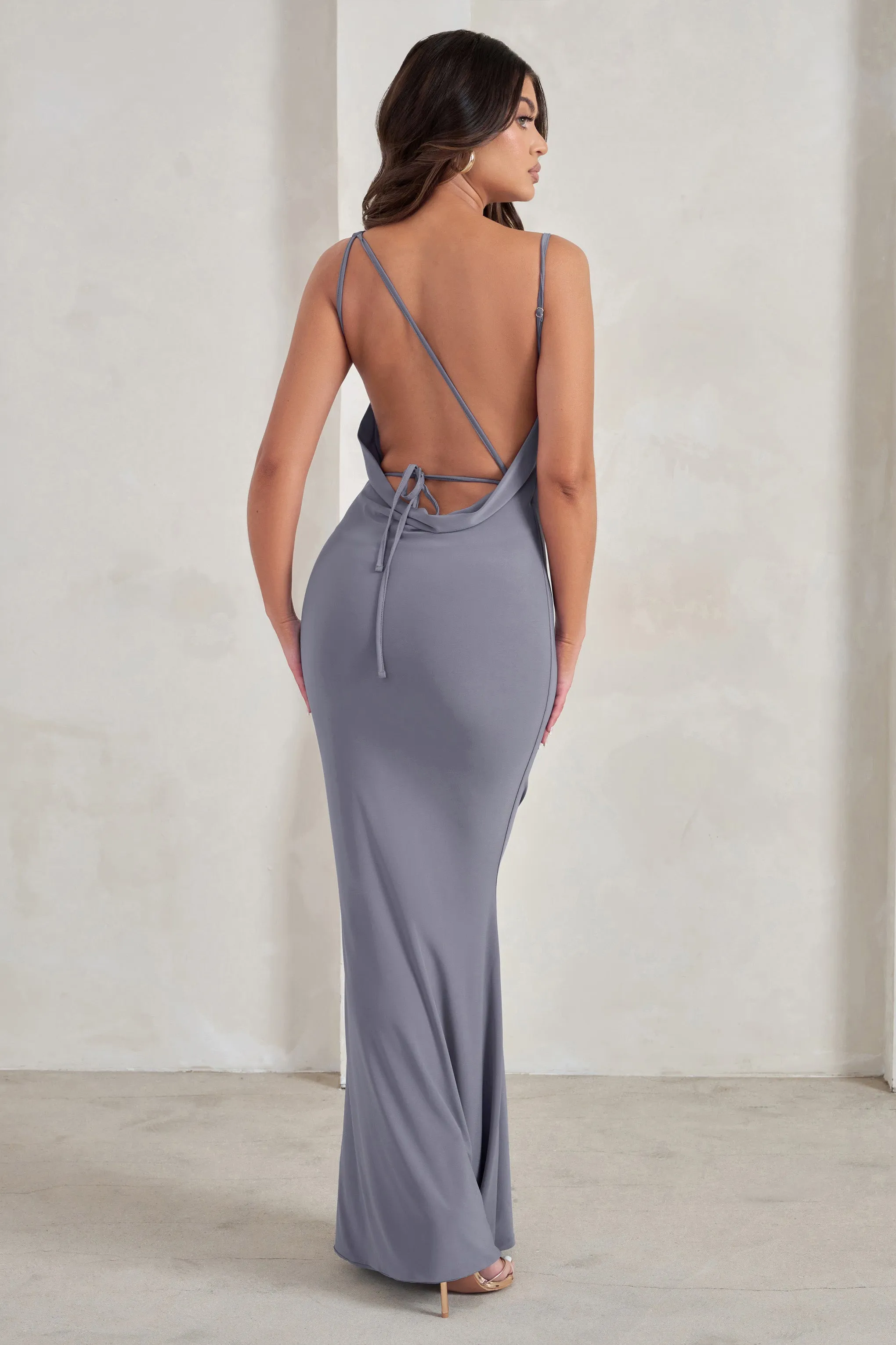 Corinne | Grey Asymmetric Cowl Neck Backless Maxi Dress