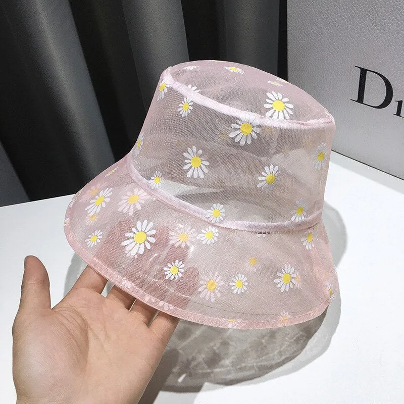 Daisies Bucket Hats for Women Soft Transparent Mesh Panama Bob Caps Girls Breathable Summer Sunshade Fishermen Beach Sun Hats