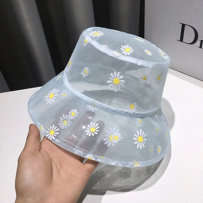 Daisies Bucket Hats for Women Soft Transparent Mesh Panama Bob Caps Girls Breathable Summer Sunshade Fishermen Beach Sun Hats