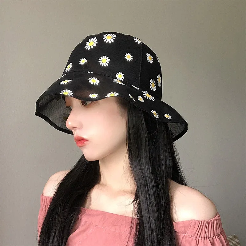 Daisies Bucket Hats for Women Soft Transparent Mesh Panama Bob Caps Girls Breathable Summer Sunshade Fishermen Beach Sun Hats