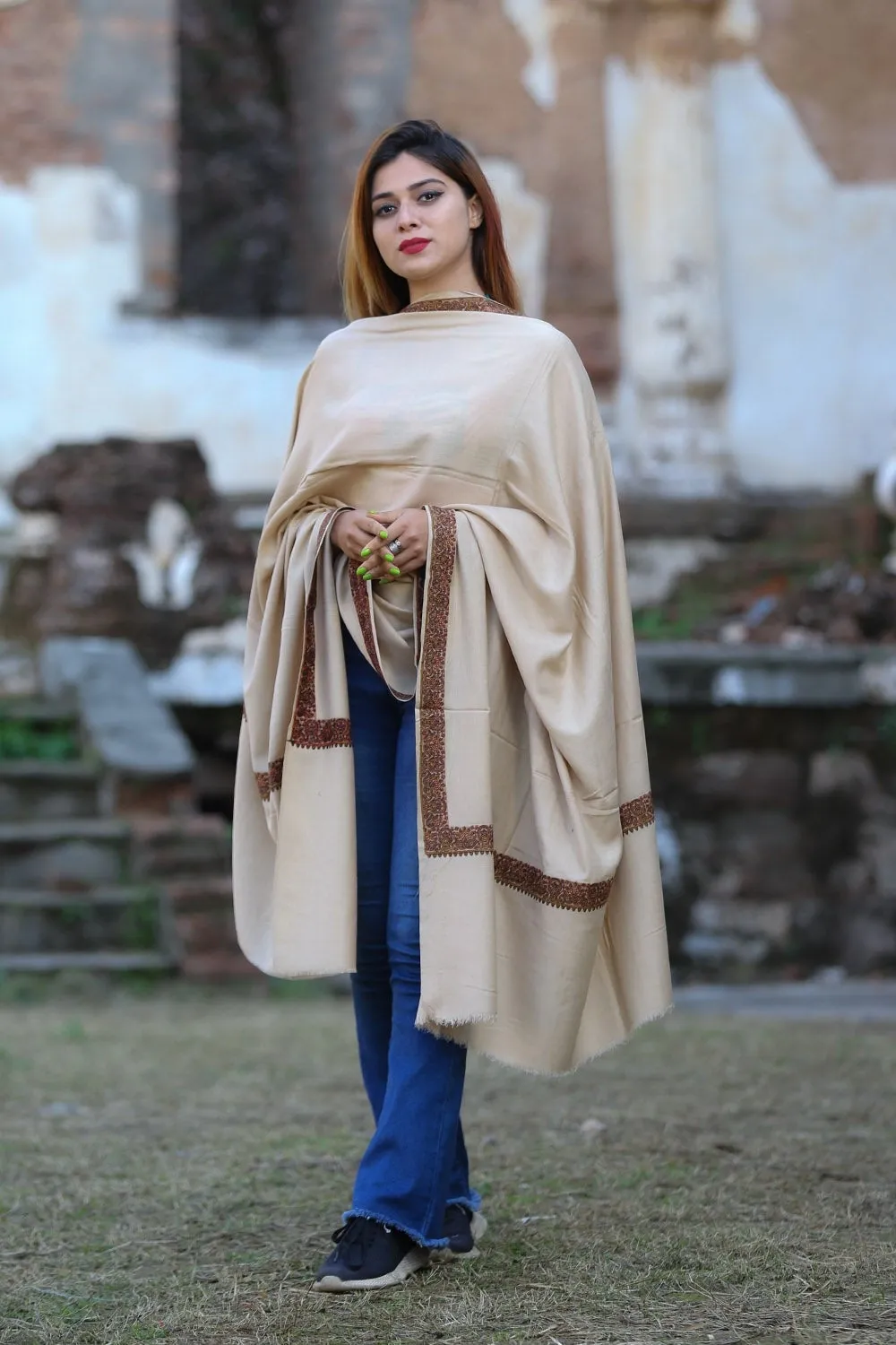 Elegant Accrue Beige Colour Semi Pashmina Sozni Shawl With Beautiful Border Owning A Unique Accessory.