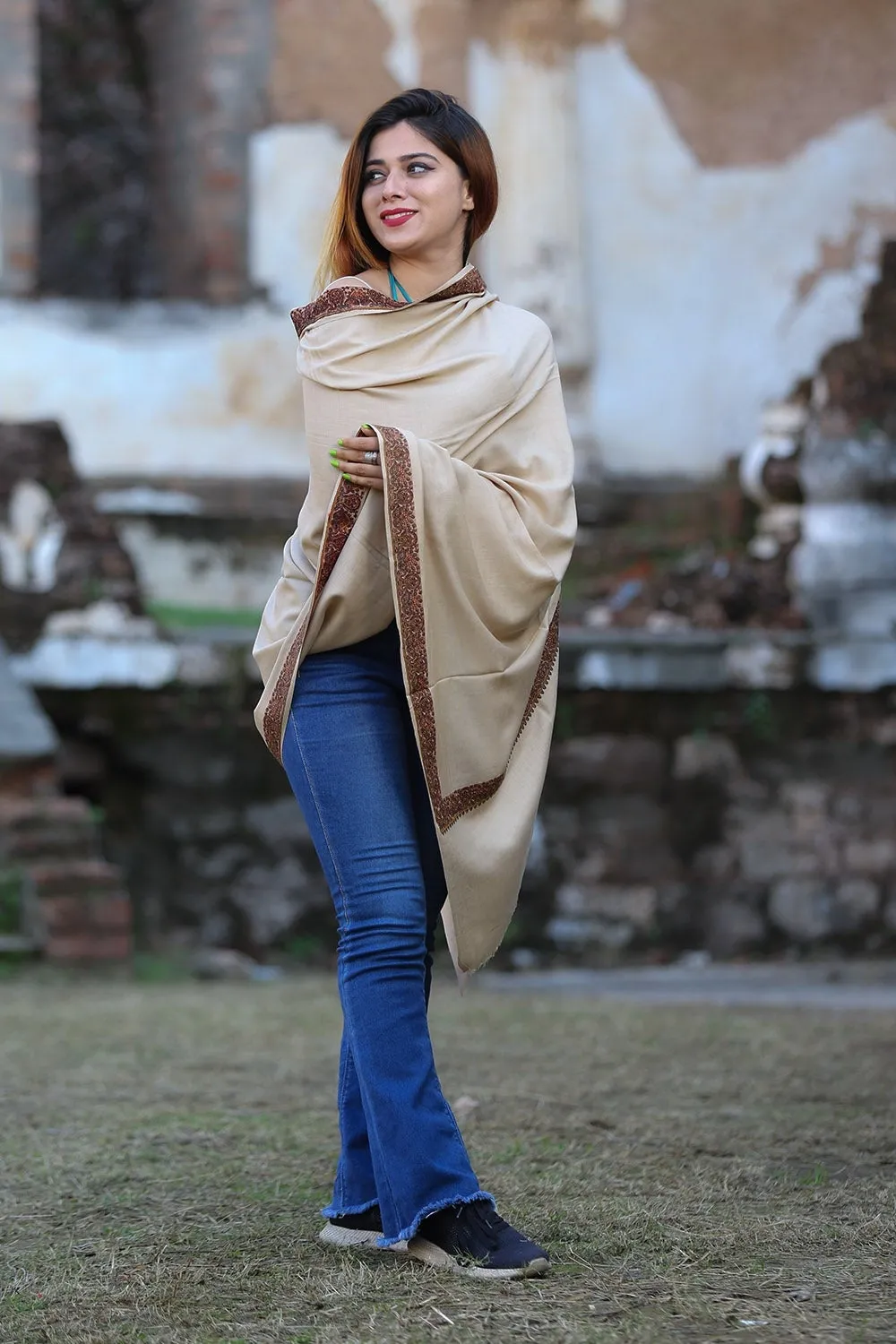 Elegant Accrue Beige Colour Semi Pashmina Sozni Shawl With Beautiful Border Owning A Unique Accessory.