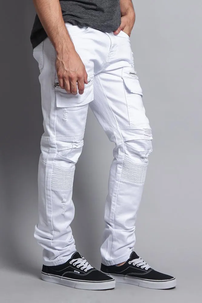 Faded Zipper Cut Cargo Pocket Biker Jeans