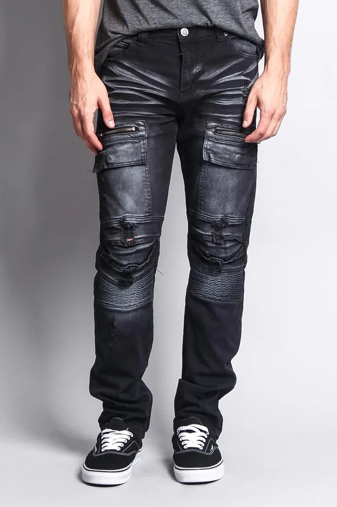 Faded Zipper Cut Cargo Pocket Biker Jeans