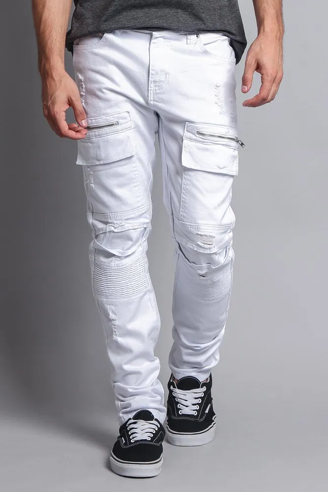 Faded Zipper Cut Cargo Pocket Biker Jeans