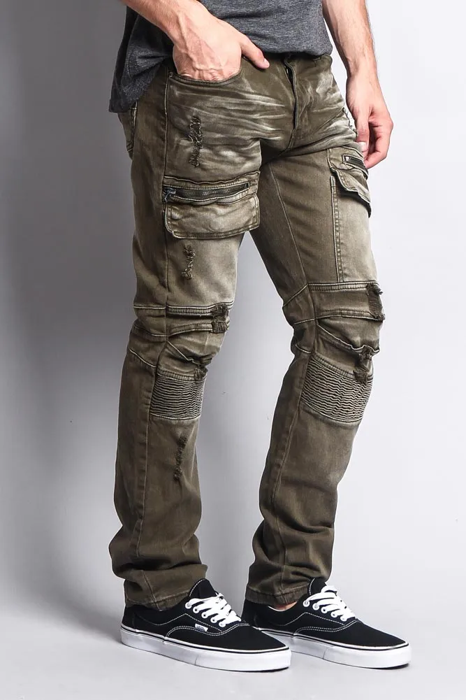 Faded Zipper Cut Cargo Pocket Biker Jeans