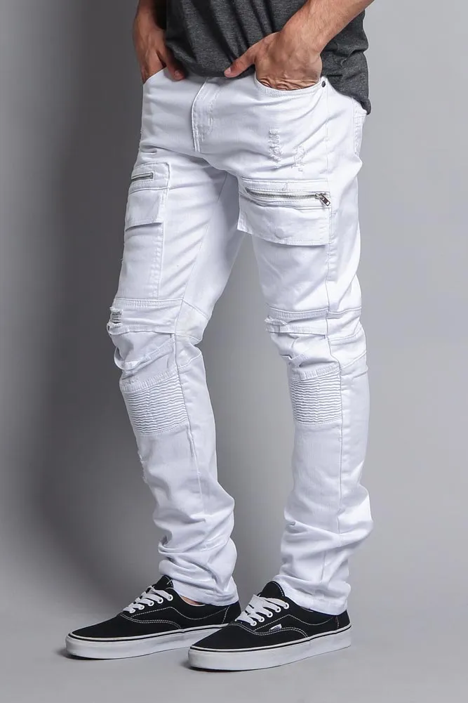 Faded Zipper Cut Cargo Pocket Biker Jeans