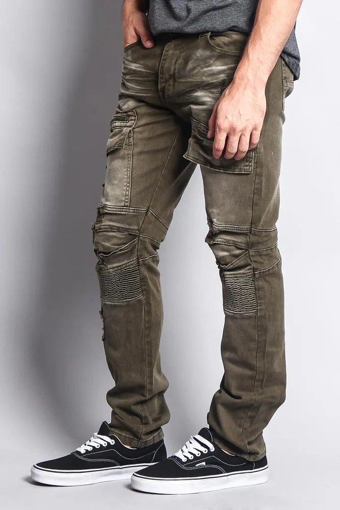 Faded Zipper Cut Cargo Pocket Biker Jeans