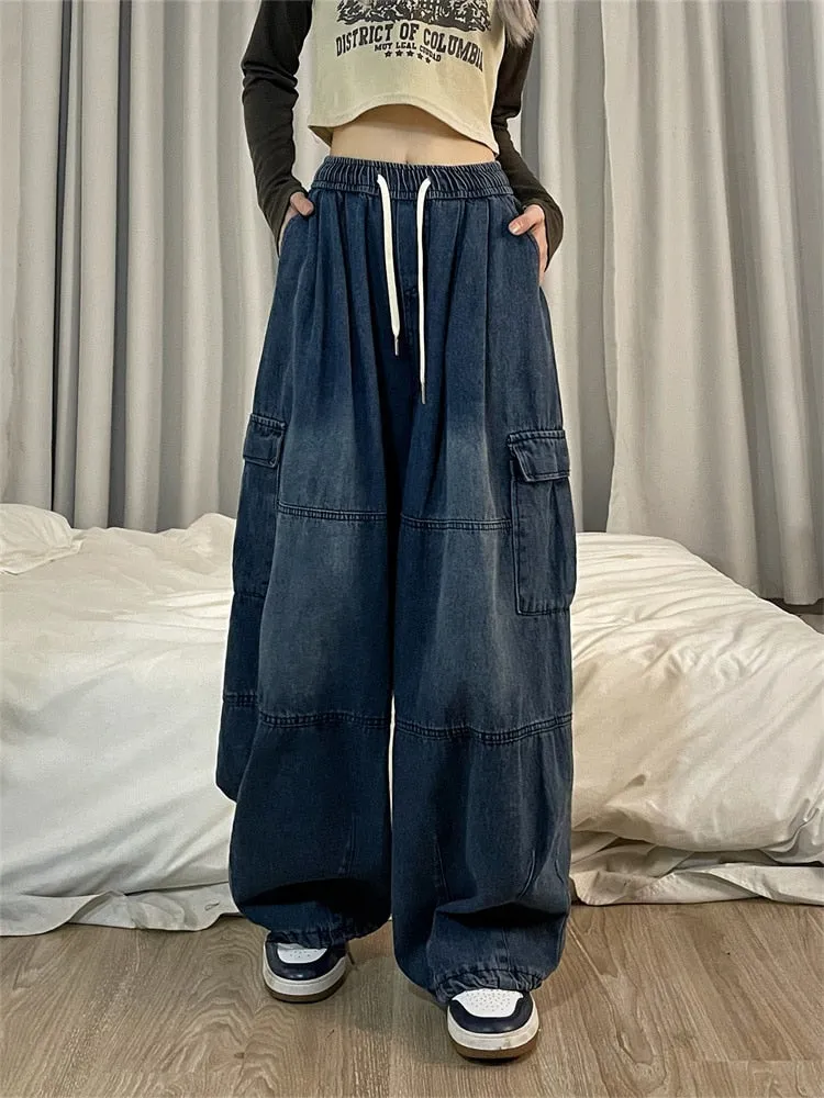 Getadme Harajuku Vintage Blue Cargo Jeans Women Oversized Y2K Grunge Black Baggy Denim Pants Hip Hop Streetwear Wide Leg Trousers