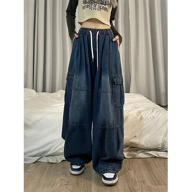 Getadme Harajuku Vintage Blue Cargo Jeans Women Oversized Y2K Grunge Black Baggy Denim Pants Hip Hop Streetwear Wide Leg Trousers