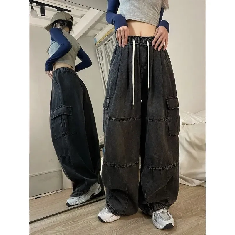 Getadme Harajuku Vintage Blue Cargo Jeans Women Oversized Y2K Grunge Black Baggy Denim Pants Hip Hop Streetwear Wide Leg Trousers