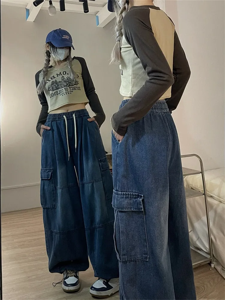 Getadme Harajuku Vintage Blue Cargo Jeans Women Oversized Y2K Grunge Black Baggy Denim Pants Hip Hop Streetwear Wide Leg Trousers