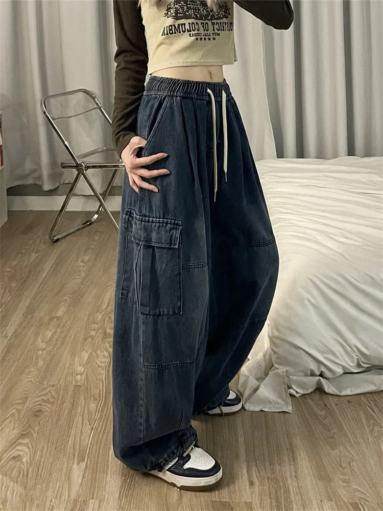 Getadme Harajuku Vintage Blue Cargo Jeans Women Oversized Y2K Grunge Black Baggy Denim Pants Hip Hop Streetwear Wide Leg Trousers