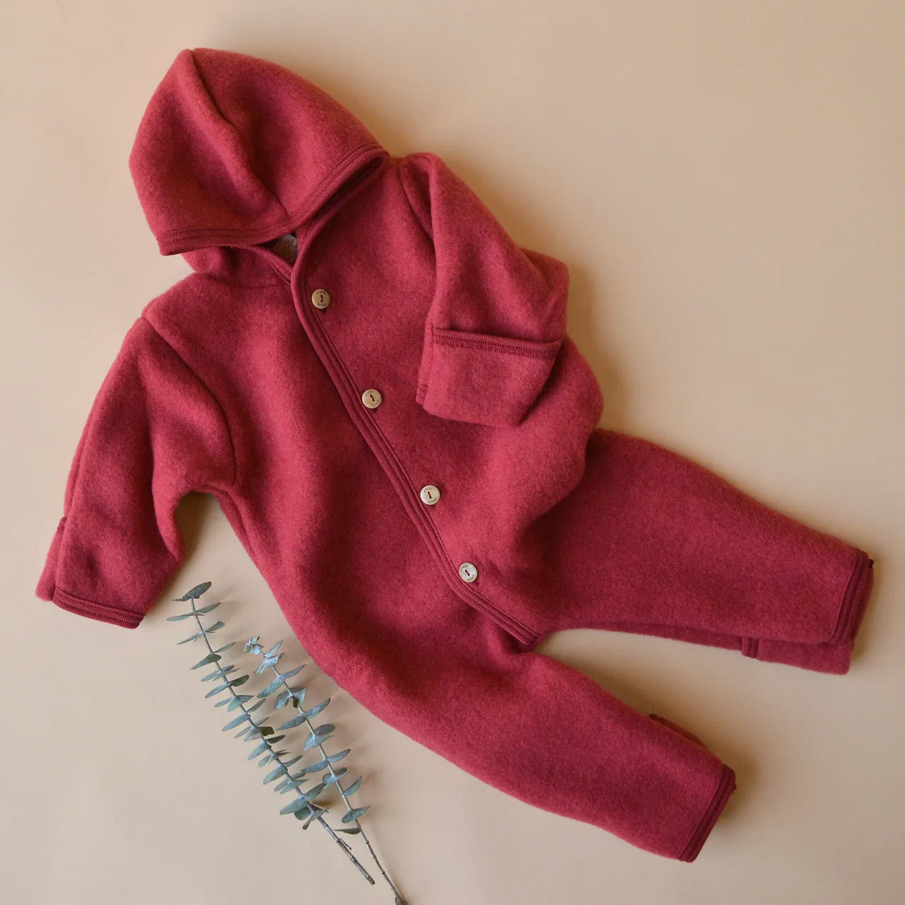 Hooded Baby Overall in Organic Wool Fleece - Jasper (0-24m)