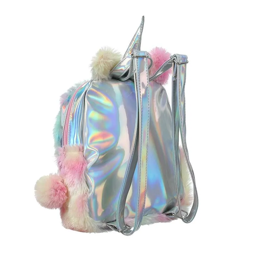 Kid Baby Girl Fashion Colorful Girls Cute PU Laserl Bag Unicorn Plush Backpack