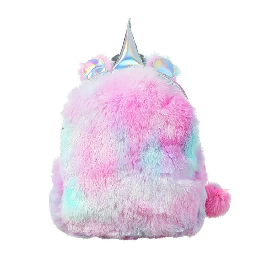 Kid Baby Girl Fashion Colorful Girls Cute PU Laserl Bag Unicorn Plush Backpack