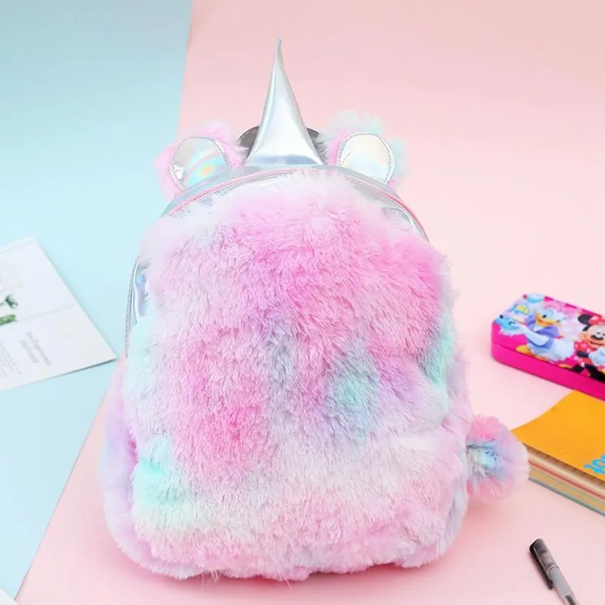 Kid Baby Girl Fashion Colorful Girls Cute PU Laserl Bag Unicorn Plush Backpack