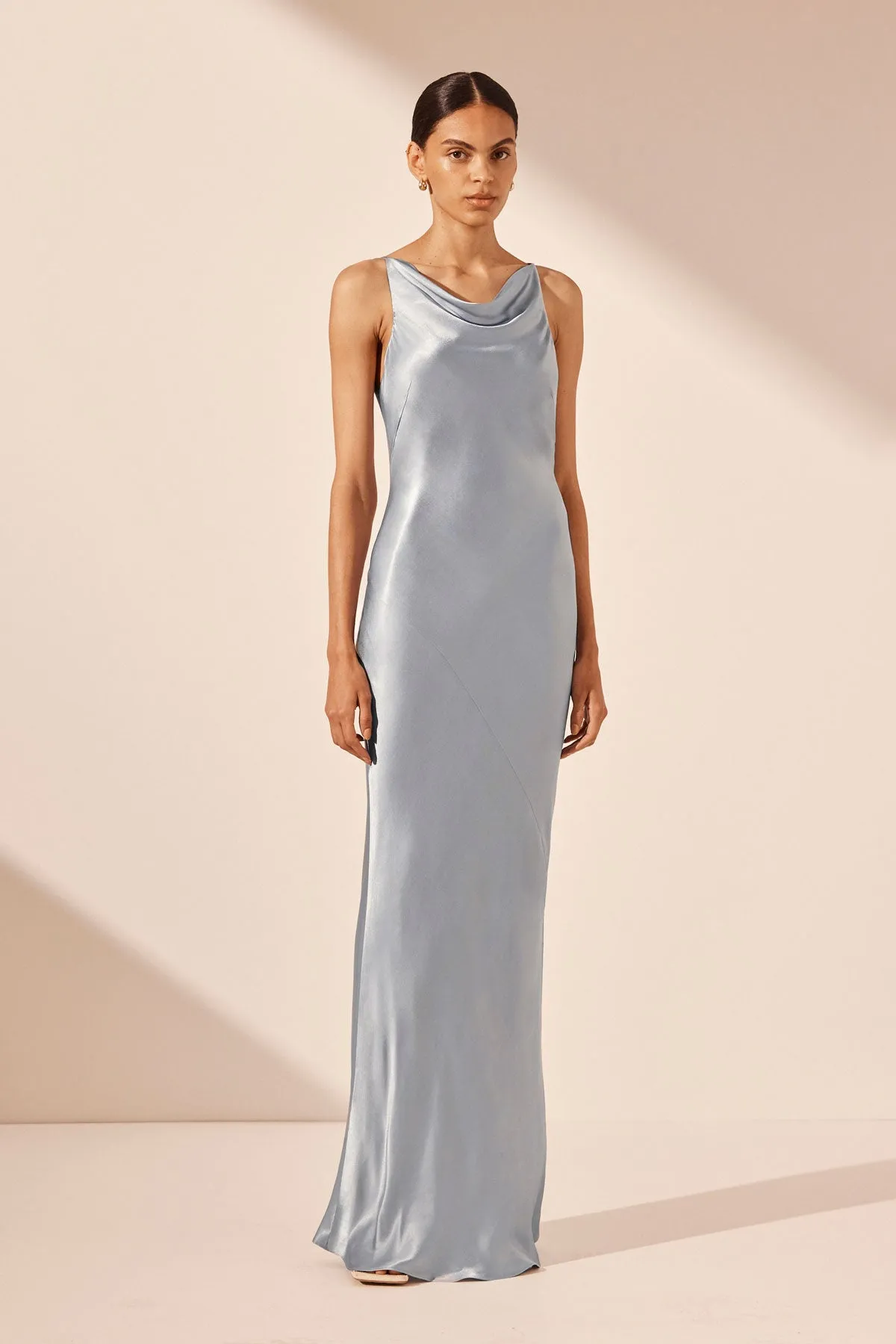 LA LUNE HIGH NECK COWL MAXI DRESS - POWDER BLUE