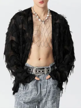 Mens Fringe See Through Long Sleeve Kimono SKUK41882