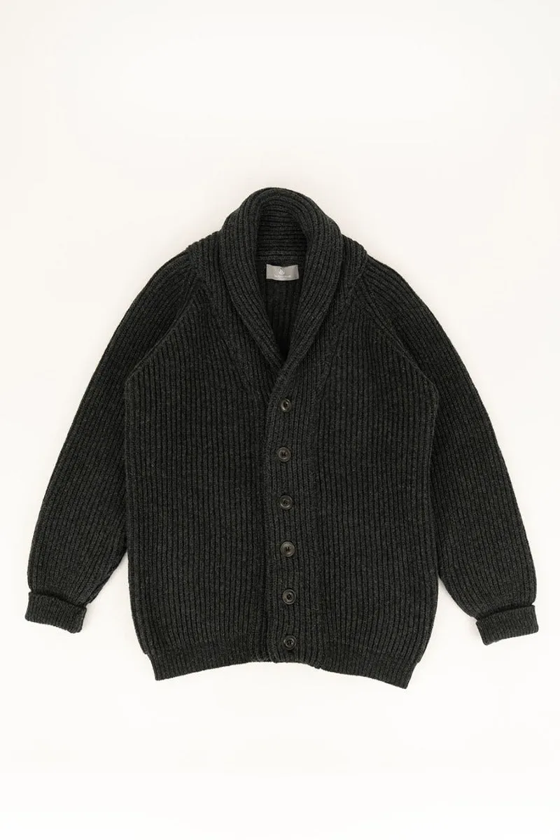 Mens ribbed Shawl Collar wool Cardigan - Charcoal