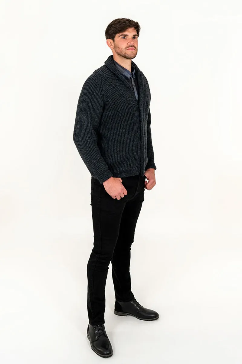 Mens ribbed Shawl Collar wool Cardigan - Charcoal