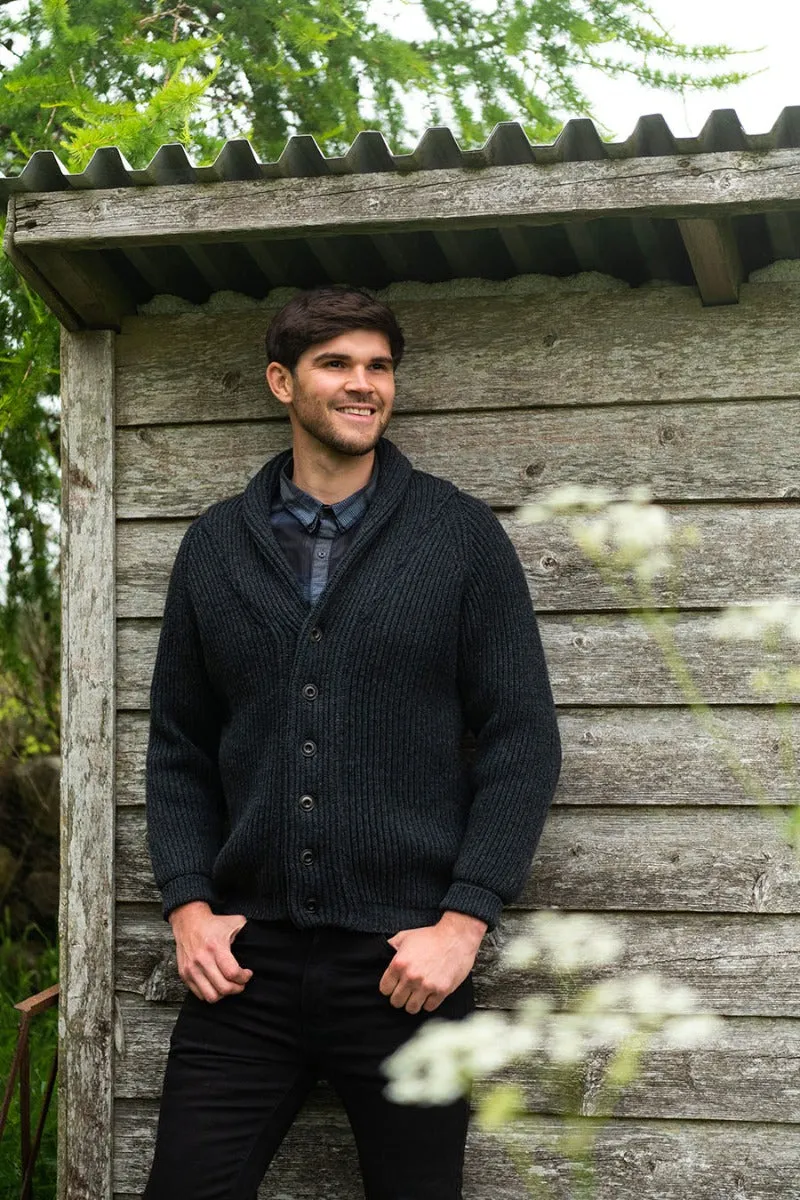 Mens ribbed Shawl Collar wool Cardigan - Charcoal