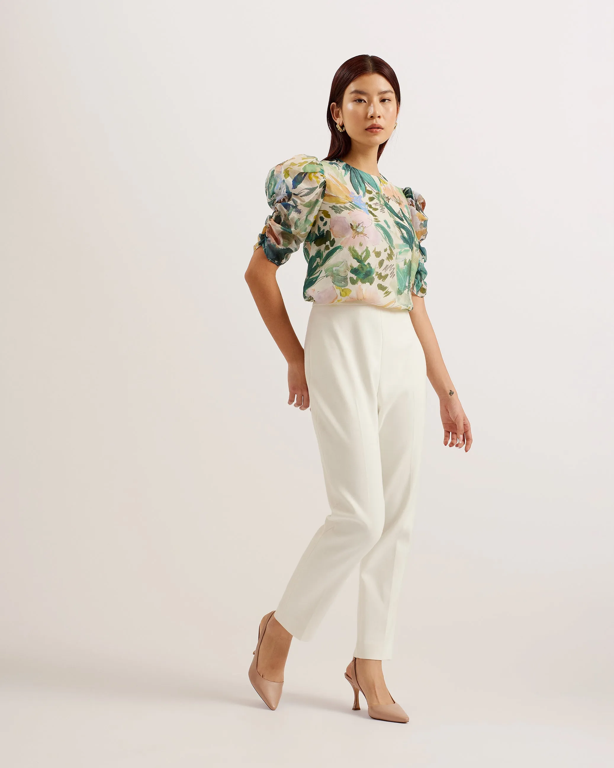 Oasia Pleated Puff Sleeve Floral Print Top Ivory