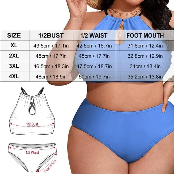 #Plus Size Halter Bikini-Custom Face Pineapple Plus Size Swimsuit High Neck Cutout High Waisted Bikini Personalized Women's Two Piece Swimsuit Beach Outfits