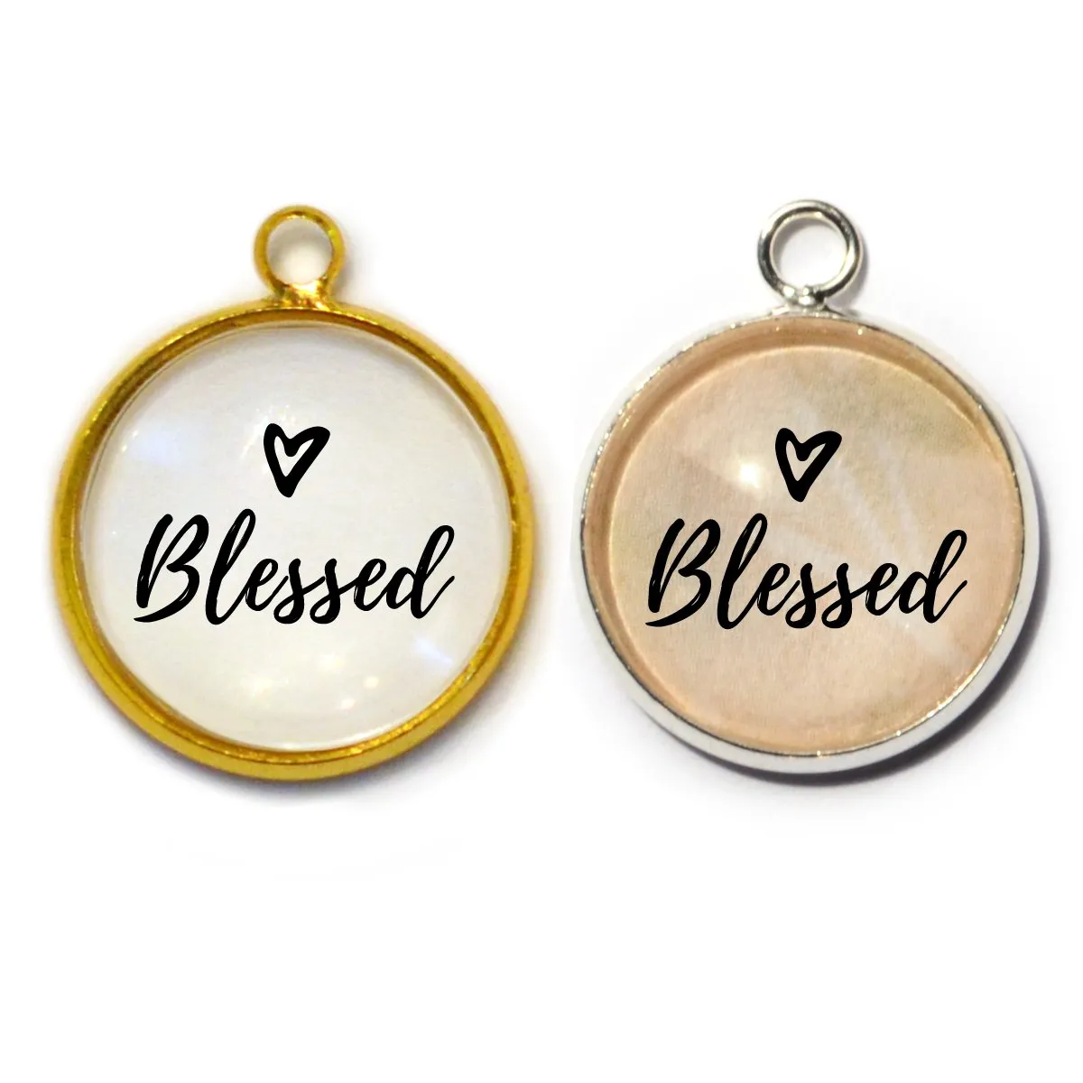 "Blessed" Glass Charms for Jewelry Making 16 or 20mm, Silver, Gold