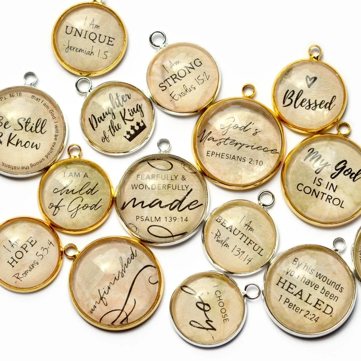 "By His Wounds You Have Been Healed" 1 Peter 2:24 Scripture Charms for Jewelry Making,  16 or 20mm, Silver, Gold