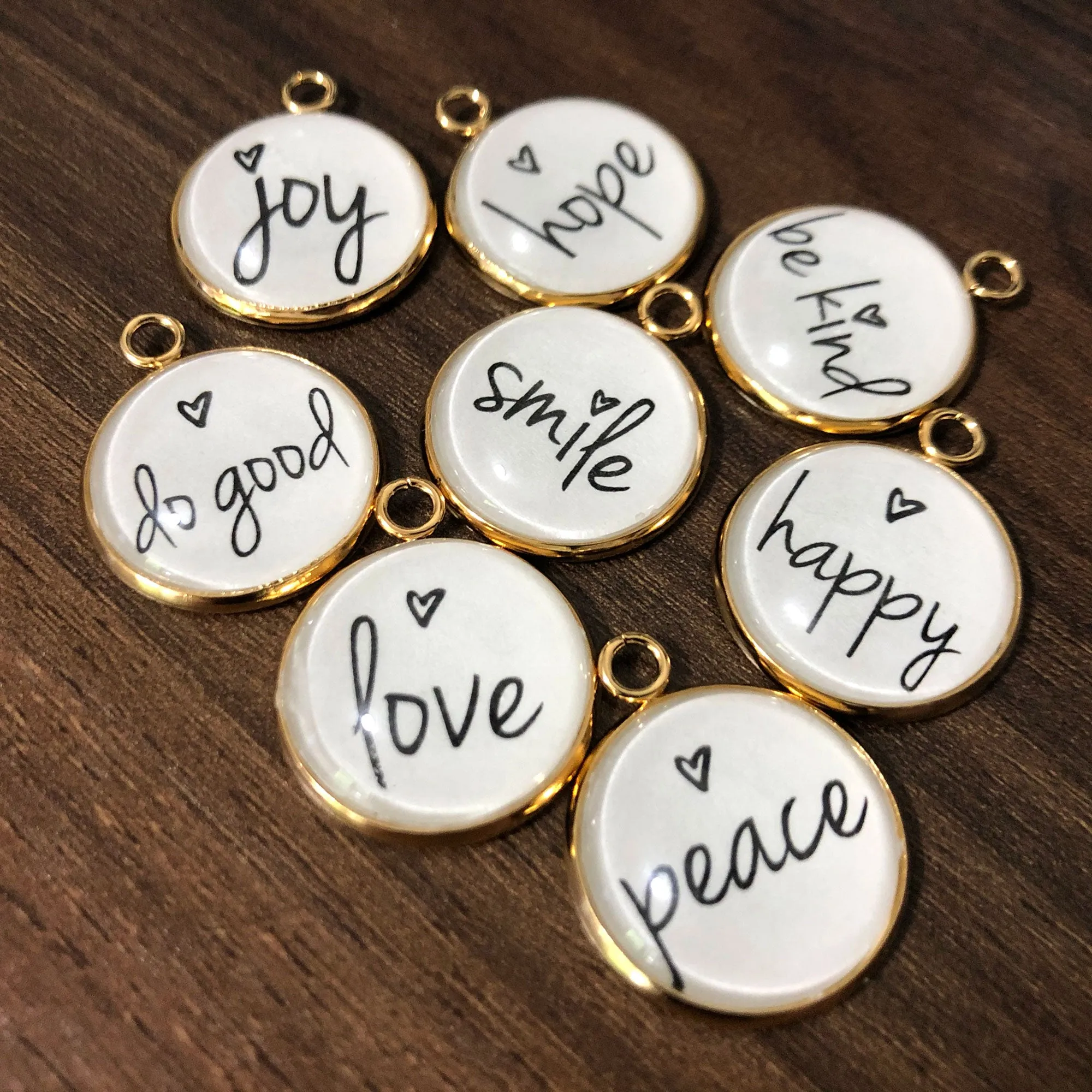 "Positivity   Heart" Set of 10 Encouraging Charms for Jewelry Making, 20mm, Gold or Silver