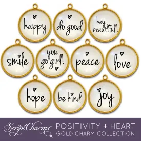 "Positivity   Heart" Set of 10 Encouraging Charms for Jewelry Making, 20mm, Gold or Silver