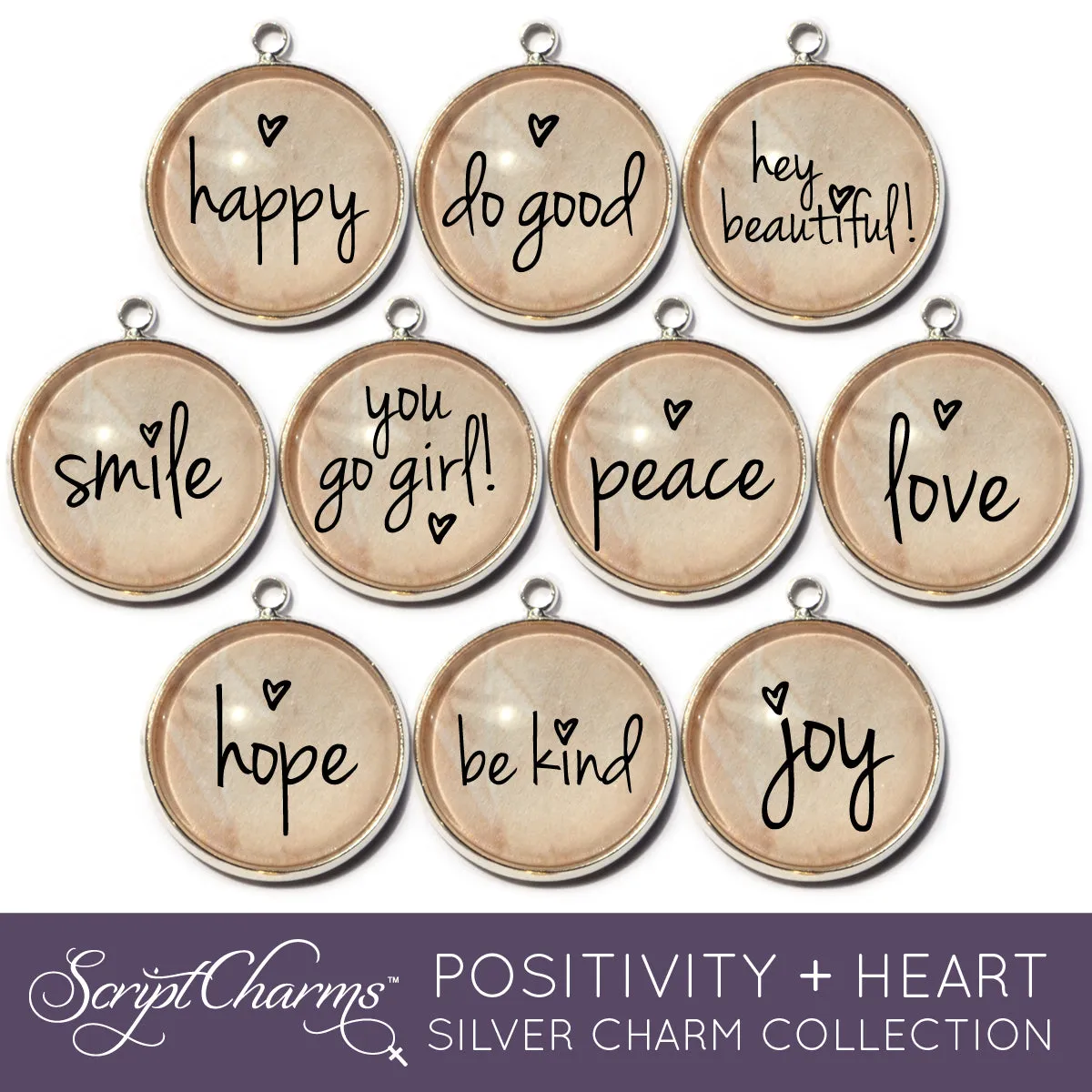 "Positivity   Heart" Set of 10 Encouraging Charms for Jewelry Making, 20mm, Gold or Silver